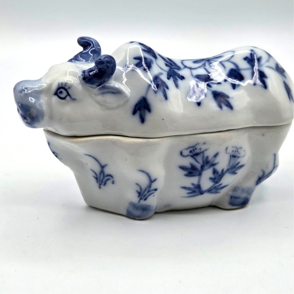 Vintage Blue and White Cow Covered Candy Dish - Picture 1 of 9